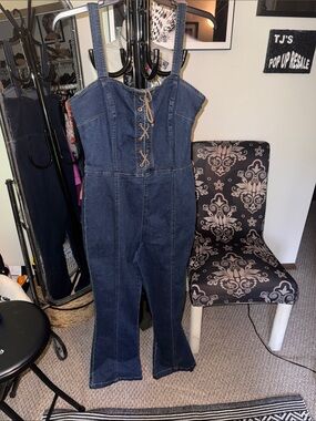 Venus Denim Lace-Up Jumpsuit - Dark Blue